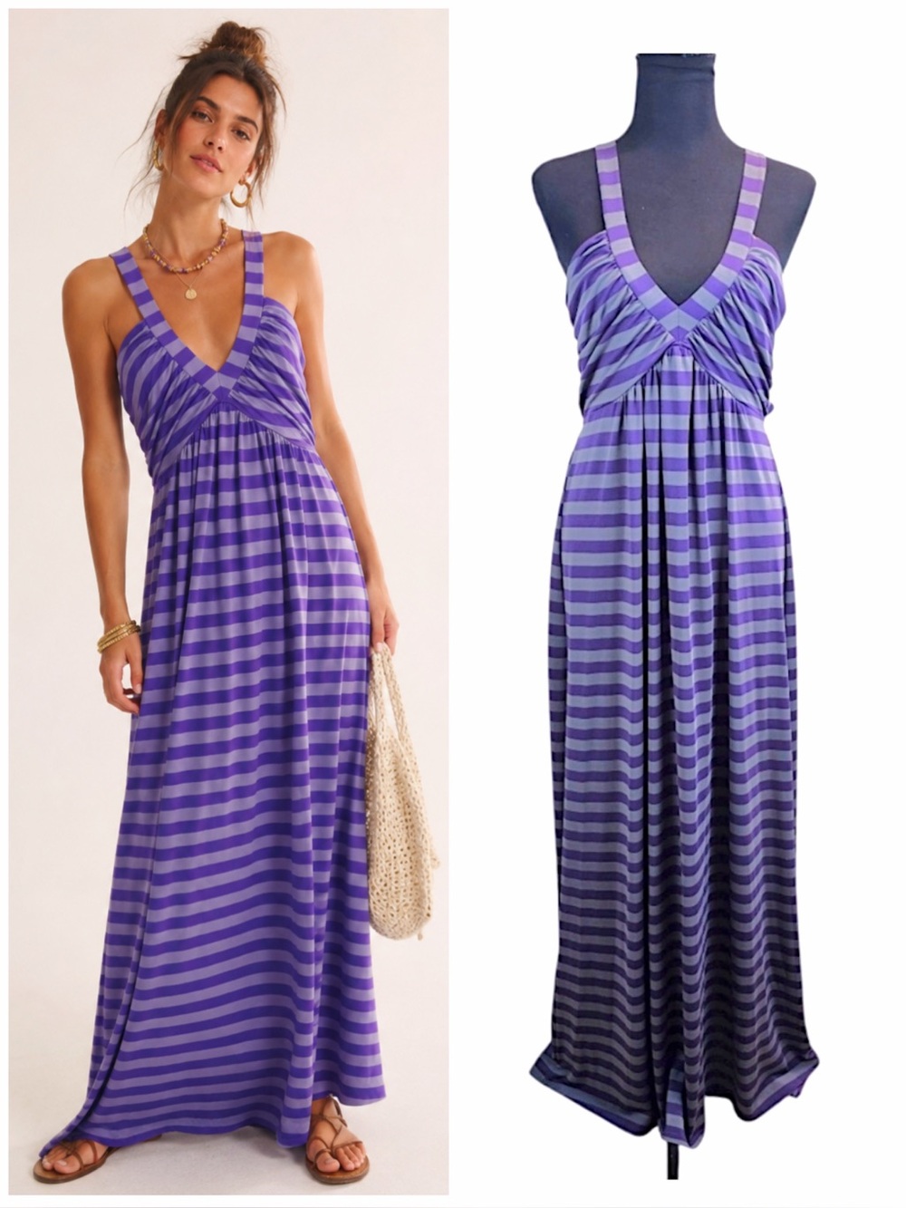 Vintage Apple Bottoms Purple Gray Striped Maxi Dress Cutout Back Y2K Glam Large
